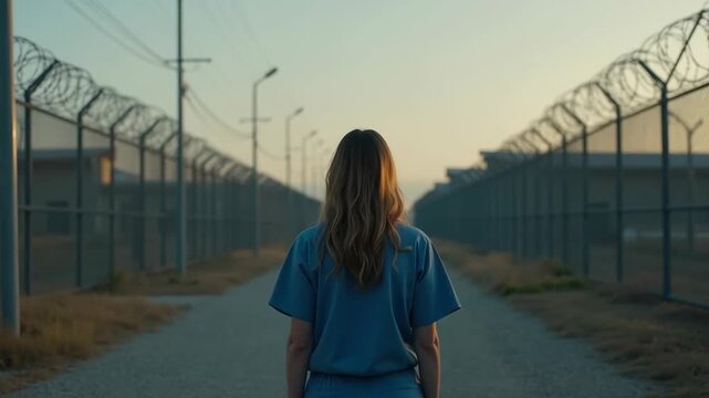 Female inmate standing alone in outdoor prison yard wearing blue uniform facing barbed wire fence under evening light. 
