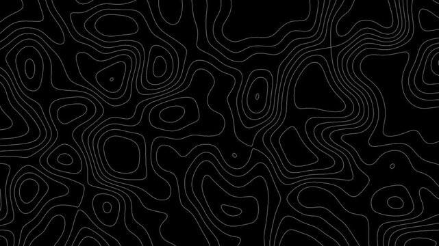 Abstract animated topographic map with contour line. Moving waves animation on black background