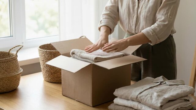 Woman packing folded linen clothes into a cardboard box for moving or sending an order, with stacked garments nearby on a wooden table.