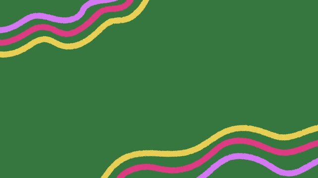 Hand drawn wavy line animation green screen. Colorful topographic doodle lines chroma key, aesthetic flowing wave background for creative video. Retro 90s aesthetic doodle animation