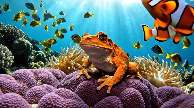 Underwater Coral Reef Scene With Turtle And Tropical Fish.