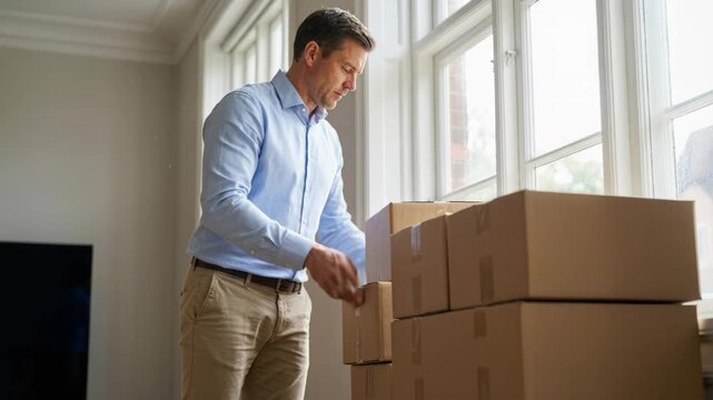 Caucasian man stacking moving boxes by a window, relocating or organizing belongings for residential or office transfer