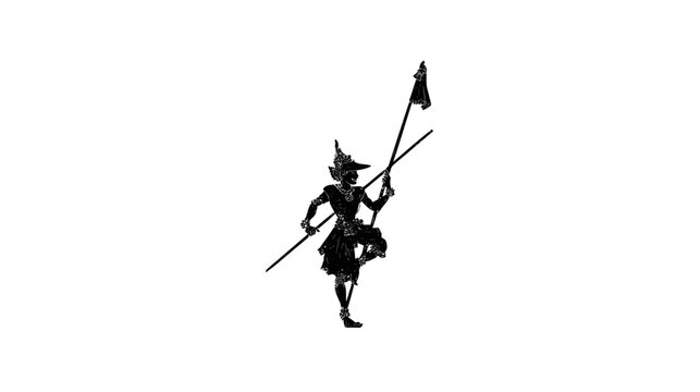 Silhouetted figure in a hat with a staff bearing a small flag, detailed depiction