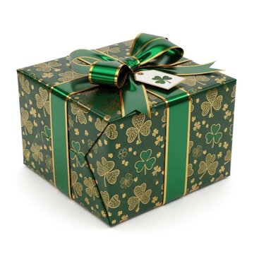A beautifully wrapped gift box adorned with shamrocks and a green ribbon iamge.