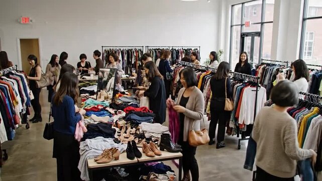 Elder Lady With Denim Jacket. Senior Asian Woman Participates In Lively Clothing Exchange Event. Elderly Asian Woman Engages With Community At Vibrant Clothing Swap Event With Friends
