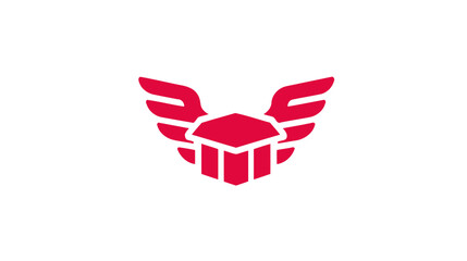 Fototapeta premium A stylized crimson emblem features wings above a geometric shape suggestive of a package or container