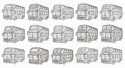 Fototapeta premium Hand-drawn sketch pattern of iconic double-decker buses, a vintage collection of public transport illustrations perfect for travel, urban, and retro design projects.