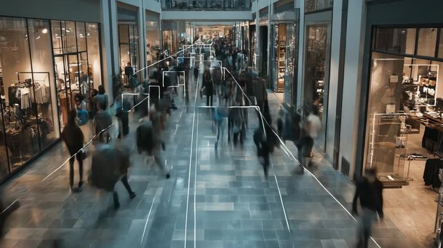 Medium shot of surveillance cameras tracking a persons unique walking style for gait analysis in a shopping mall