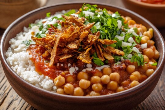 Egyptian kushari dish with rice, chickpeas, and fried onions