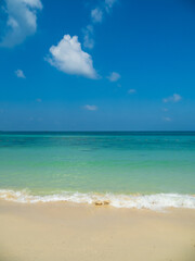 Fototapeta premium Peaceful vertical tropical sea beach with gentle waves rolling onto golden sand under bright blue sky with fluffy white clouds. relaxing summer scene perfect scene for travel holliday and nature lover
