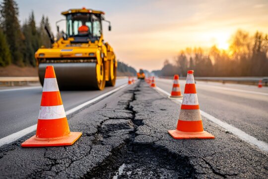 Road repair work with steamroller and traffic cones at sunset