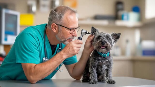 Veterinarian examining small dog ear with otoscope in clinic. Professional pet healthcare and medical checkup. Panning medium shot.