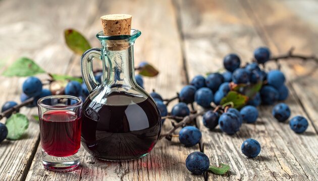 Schlehenlik&ouml;r in kleiner Glasflasche mit Schlehenzweigen