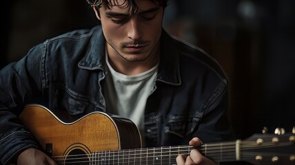 Fototapeta premium A man playing a guitar in a dimly lit room and focused 