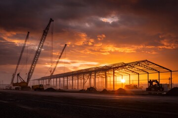 Obraz premium Construction site building metal frame structure at sunset