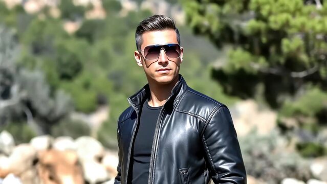 Adult man wearing leather jacket posing outdoors near rocks.