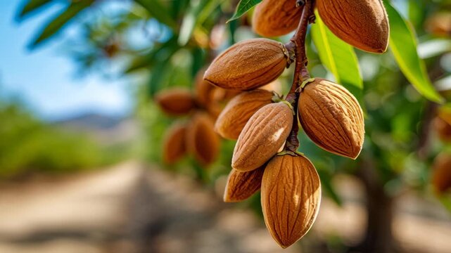Almonds trees growing. Healthy ripening nuts cluster, green leaves, on blurred hills, sky background. Agriculture, food. Almond orchard. Organic farming. Macro detail kernel. Longterm profitability