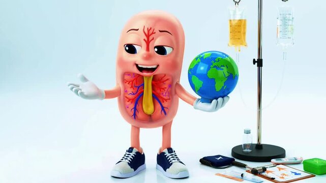 A whimsical plush toy resembling a human organ holding a globe and standing on a desk