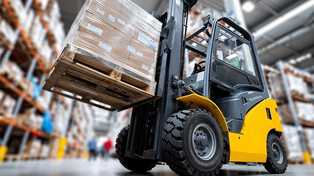 Warehouse operator drives yellow forklift lifting cardboard pallets in busy distribution center, wearing safety vest and helmet, navigating high racking aisles,