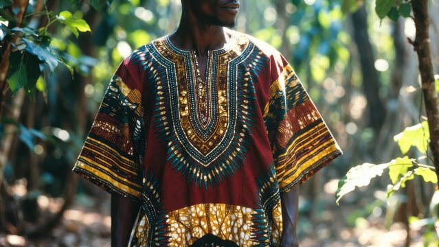 Man wearing embroidered dashiki walking in sunlit forest.