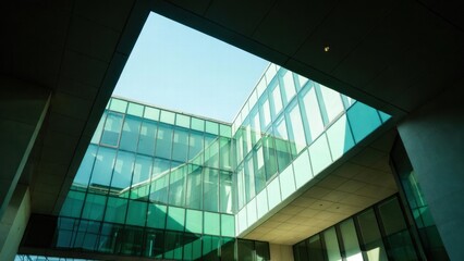 Obraz premium Modern glass building reflecting light in urban courtyard.