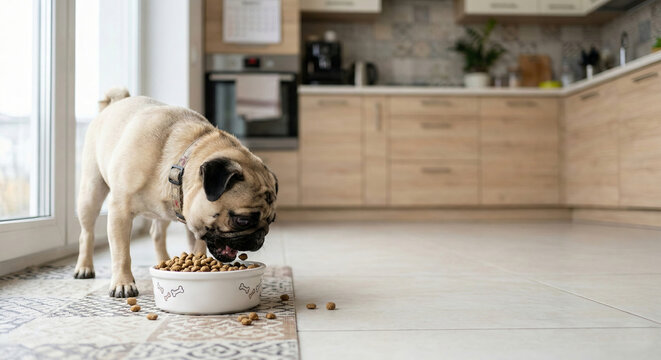Pug eating fresh dry dog ​​food from a white bowl. Ground level view. Pug eating food in a bright kitchen, the kitchen behind the dog is blurred. Tasty dog ​​food. Free space on the right.