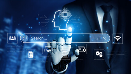 Obraz premium AI search speeds information discovery with intent understanding. AI search supports users with query suggestions, retrieval, and personalized results across platforms and services. Corpus