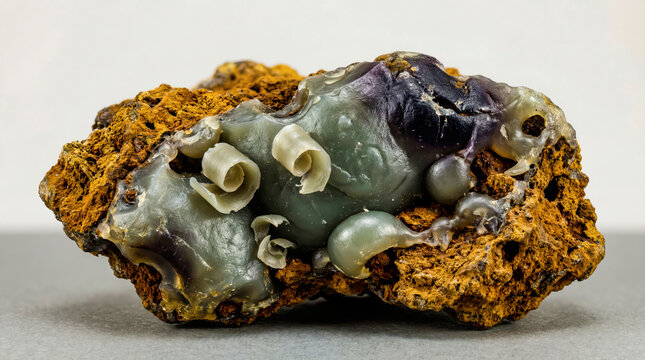 Waxy grayish green cerargyrite aggregate with curved shapes on a porous limonite gossan matrix.