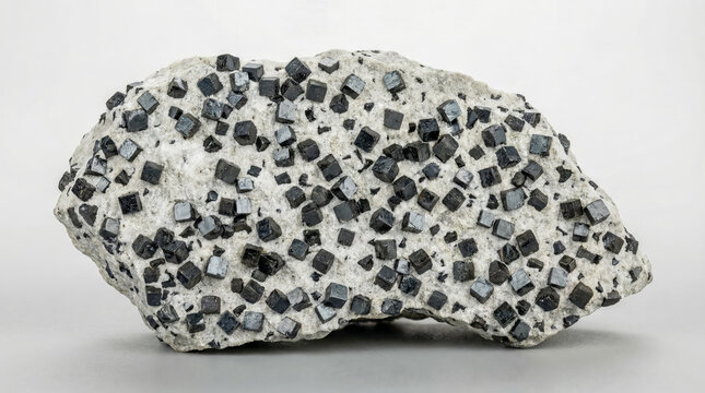 Black cubic knopite crystals scattered in a light colored alkaline silicate rock matrix.