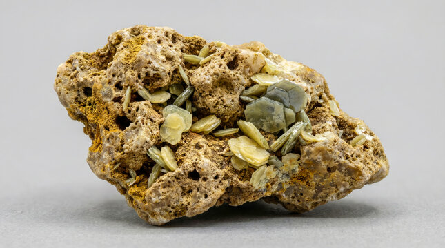 Pale yellow hexagonal crystals of iodargyrite on a brown cavernous iron oxide matrix.