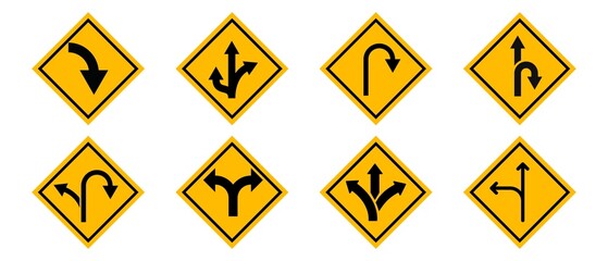 Collection of yellow road signs on white background indicating various directions and turns © The Shot Hub