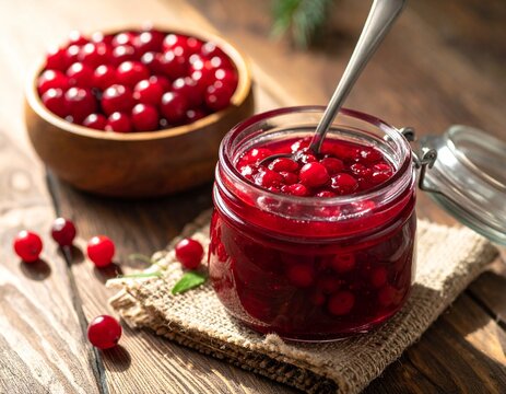 Preiselbeerkompott im Glas mit frischen Beeren