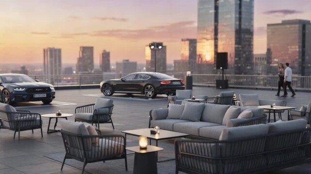 Sunset shot of a rooftop plaza with drivein cars and lounge areas clear focus on the seating and a scenic city skyline melting into warm pastel tones.