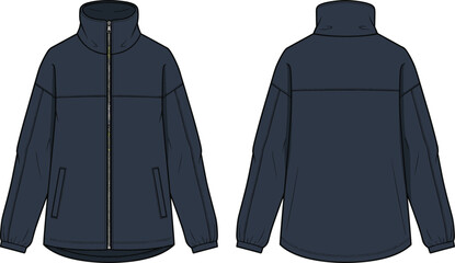 Navy blue zip up jacket technical flat sketch, funnel neck, long sleeves, front and back views, CAD drawing, vector illustration. © Shihab Creative