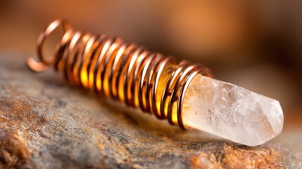 Close-up of a Clear Quartz Crystal Embellished With Copper Wire Coils