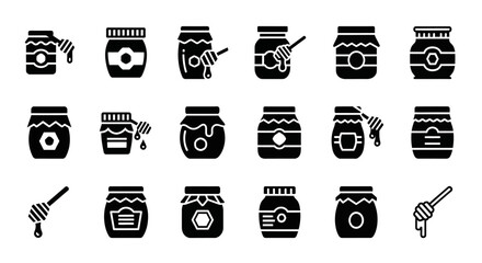 Collection of honey jar icons, honey dippers displayed, beekeeping elements in a grid pattern © John