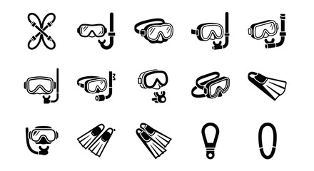 Collection of black and white diving equipment icons on a white background, showcasing various masks, snorkels, and flippers for underwater exploration. © John