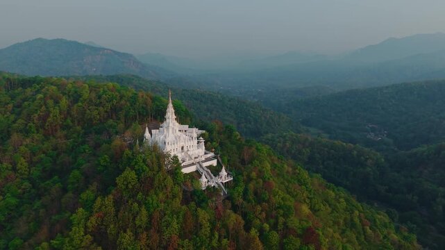 Aerial view Loha Prasat Sri Mueang Pong White pagoda temple in Chiang Mai, Thailand.