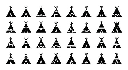 Collection of diverse teepee silhouettes arranged in rows against a clean background from a straightforward viewpoint © John