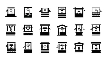 Collection of simple black icons representing various industrial and mechanical concepts displayed on a clean white background