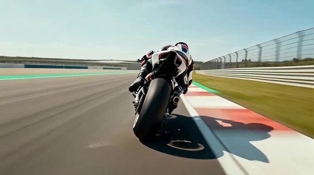 Tracking shot rear view of a racing motorcycle rider leaning in corner on racetrack