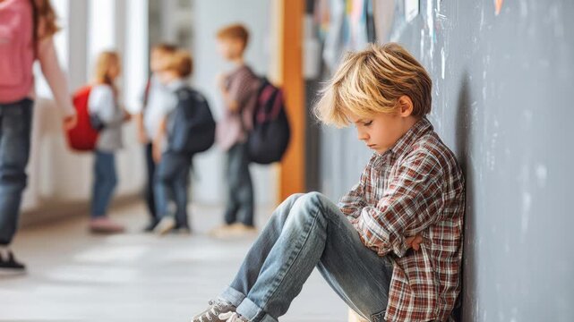 sad caucasian boy sitting against wall in crowded corridor while classmates walk past, backpacks, blurred figures, muted light, lockers, vulnerable posture,