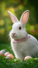 Easter bunny hopping amid colorful eggs in nature spring wonderland close-up view