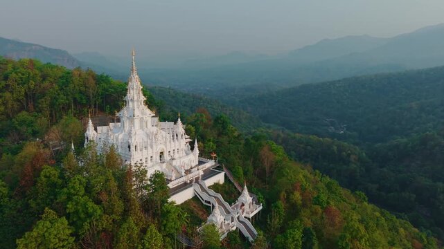 Aerial view Loha Prasat Sri Mueang Pong White pagoda temple in Chiang Mai, Thailand.
