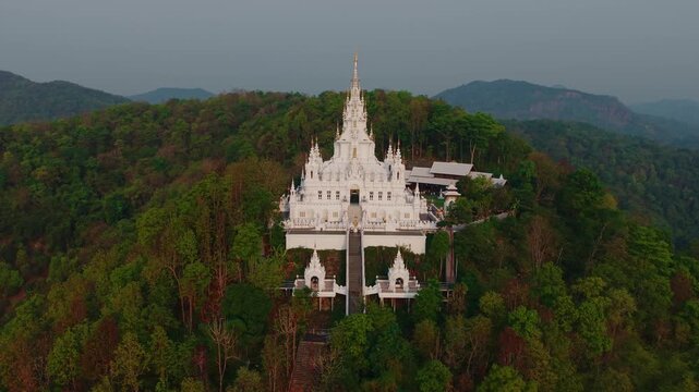 Aerial view White pagoda Loha Prasat Sri Mueang Pong temple in Chiang Mai, Thailand.