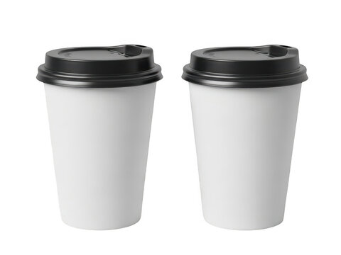 Two white disposable coffee cups with black lids
