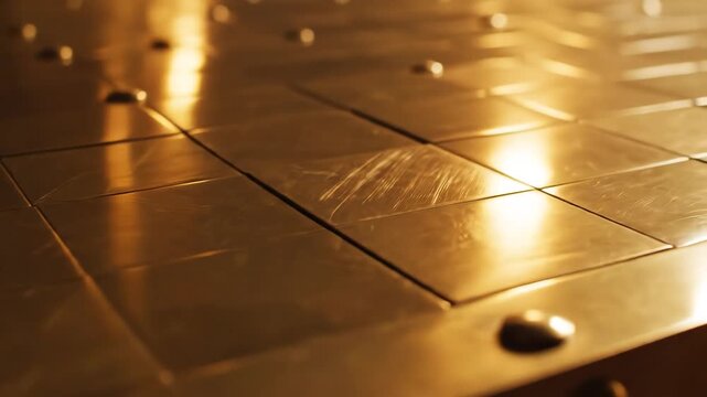 Closeup of a textured copper surface with visible rivets and grid lines reflecting warm golden light and creating an abstract metallic background.
