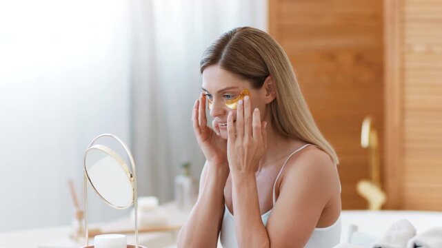 A woman with light skin is sitting in a bright bathroom. She is applying an eye patch while looking into a mirror. The space is well-lit and has wooden accents.