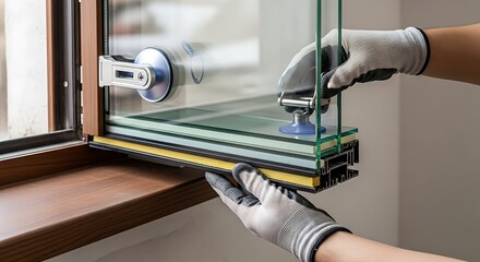 Glazier installing insulated window pane with vacuum lifter indoors