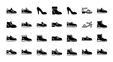 Obraz premium Collection of various shoe styles and designs displayed in a grid format on a plain white background from a straightforward viewpoint